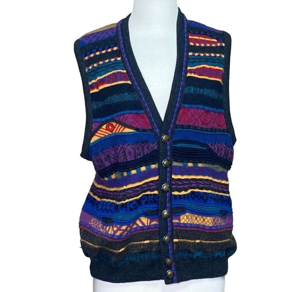 Vintage Emaroo Australia Coogi Style Cardigan Sweater Vest Adult 18 Button Wool